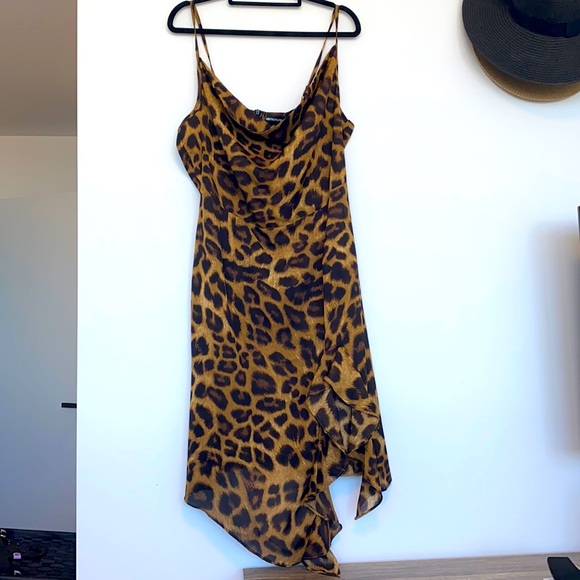 NEW PLT Tan Leopard-Print Cowl Neck Frill Split Midi Dress size 16 - Picture 3 of 10